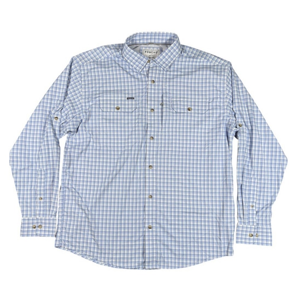 PONCHO Button-Up Fishing Shirt Mens L Regular Fit Magnetic Pocket Long Sleeve